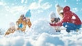 Children and an adult are enjoying a snow day, building a snow structure together Royalty Free Stock Photo
